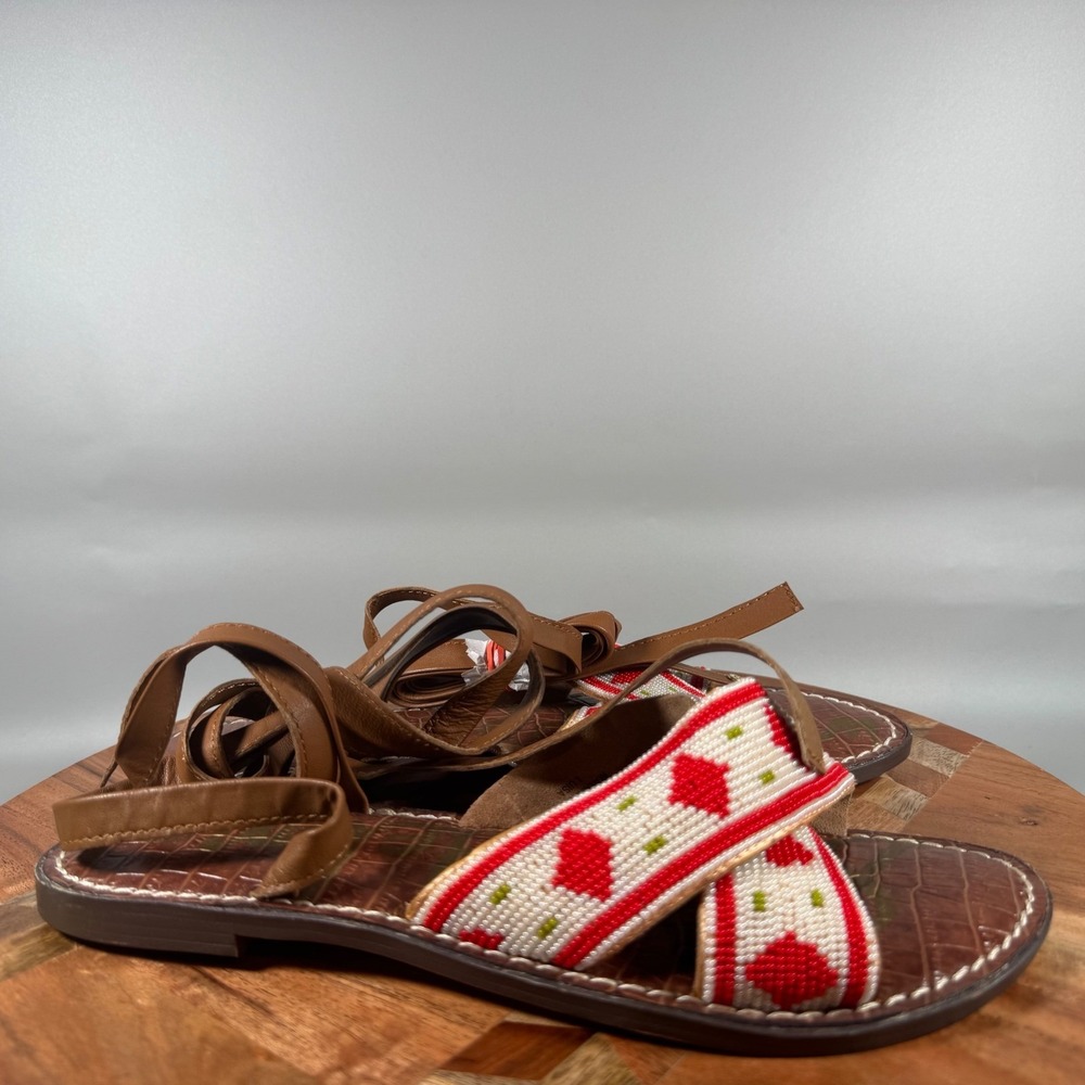 Sam Edelman Luisa Brown Red Beaded Lace Up Gladiator Sandals Womens 8M EUR‎ 38